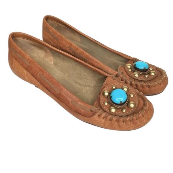 Miu Miu Womens 37 equals 6 1/2 US Brown Loafers Shoes Tan Leather Turquoise Heel - Picture 5 of 7